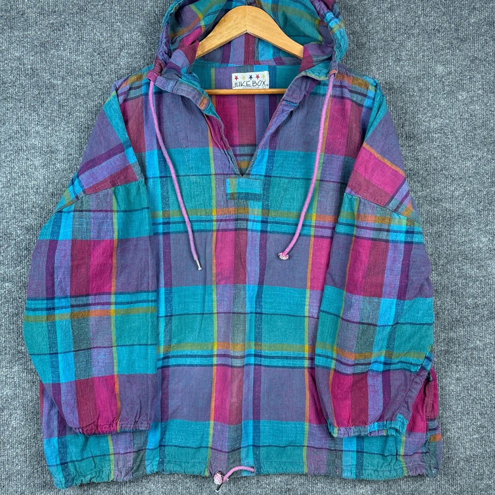 Vintage Plaid Hooded Baggy Long Sleeve Shirt Large Grunge Distressed Boxy